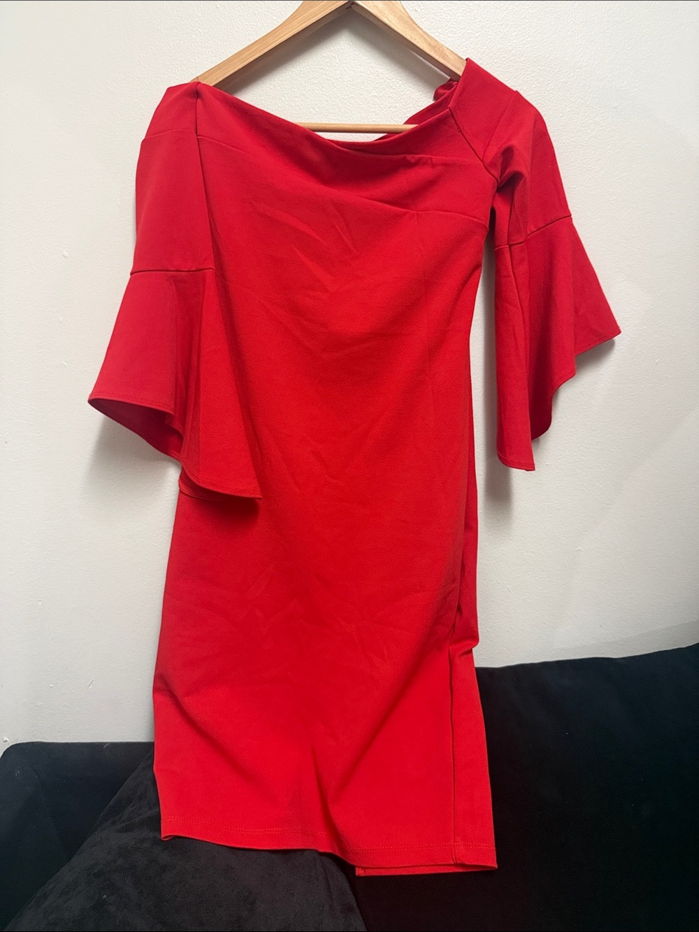 bebe Red One-Shoulder Bell Sleeve Dress